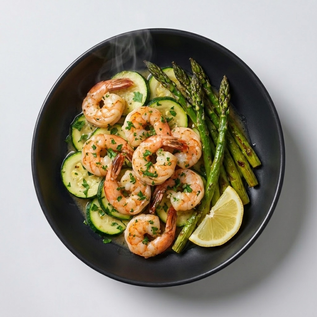 Camarones al ajillo con calabacín y espárragos, bajo en carbohidratos — Plan Deep Sleep