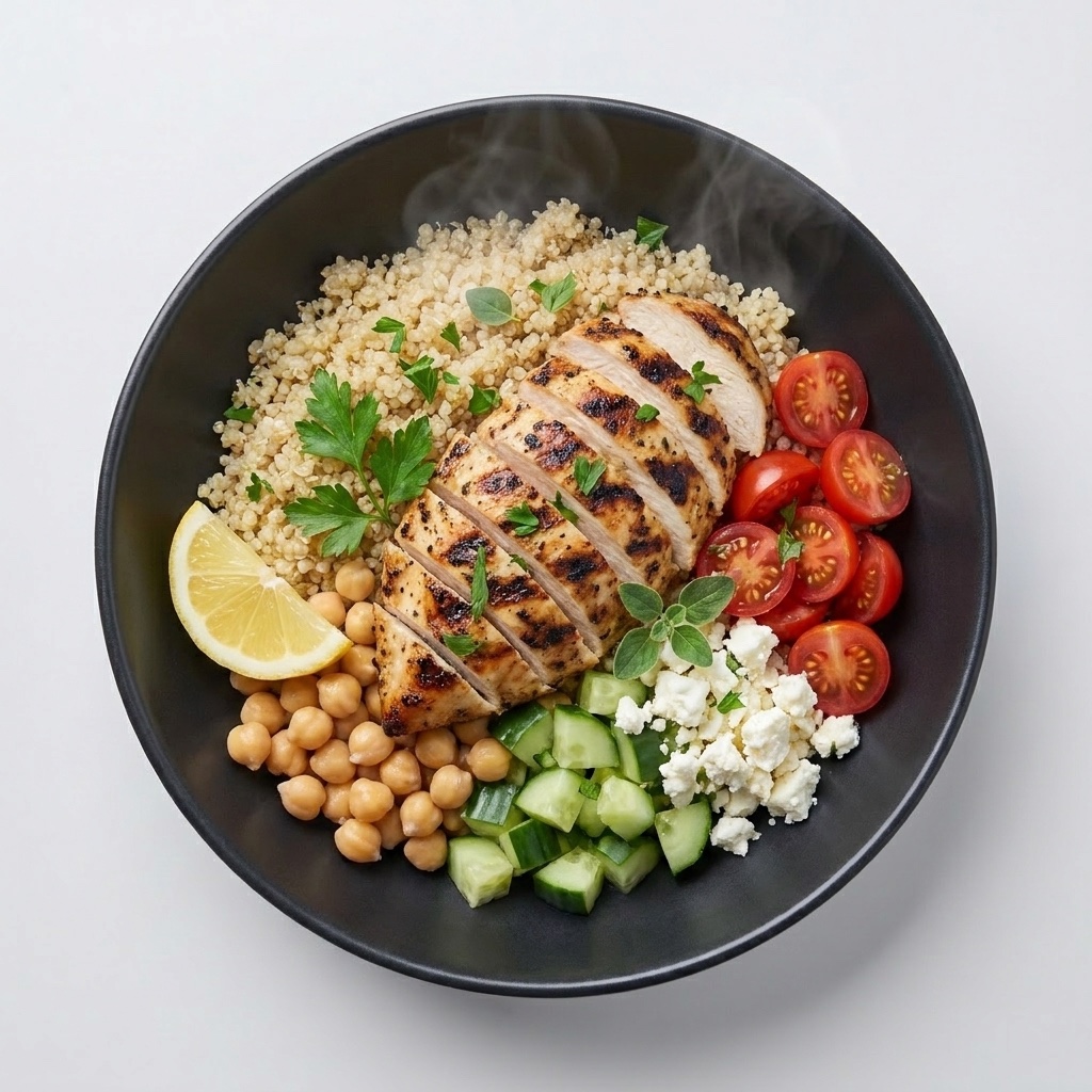 Bowl mediterráneo de pollo con quinoa, garbanzos, tomate, pepino y feta — Plan Total Care