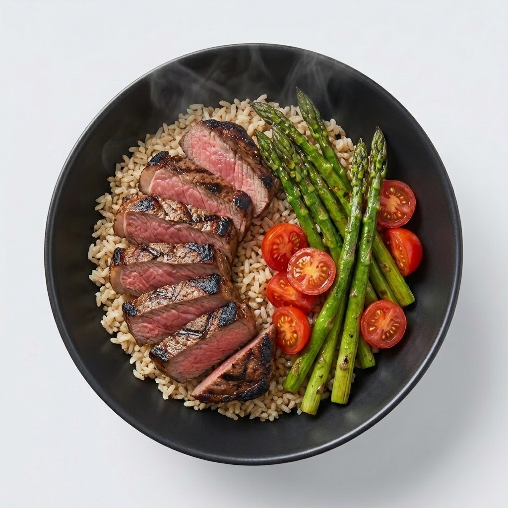 Steak de res a la parrilla con arroz integral, espárragos y tomate cherry — Plan Vital Energy